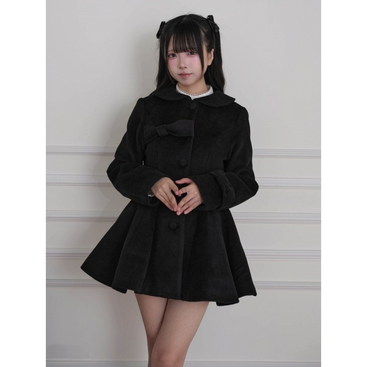 Manteau Ryousangata / Jirai Kei à col fourrure amovible et nœud – Noir