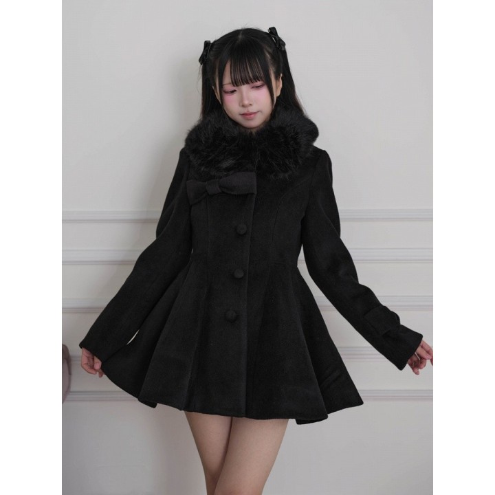 Manteau Ryousangata / Jirai Kei à col fourrure amovible et nœud – Noir