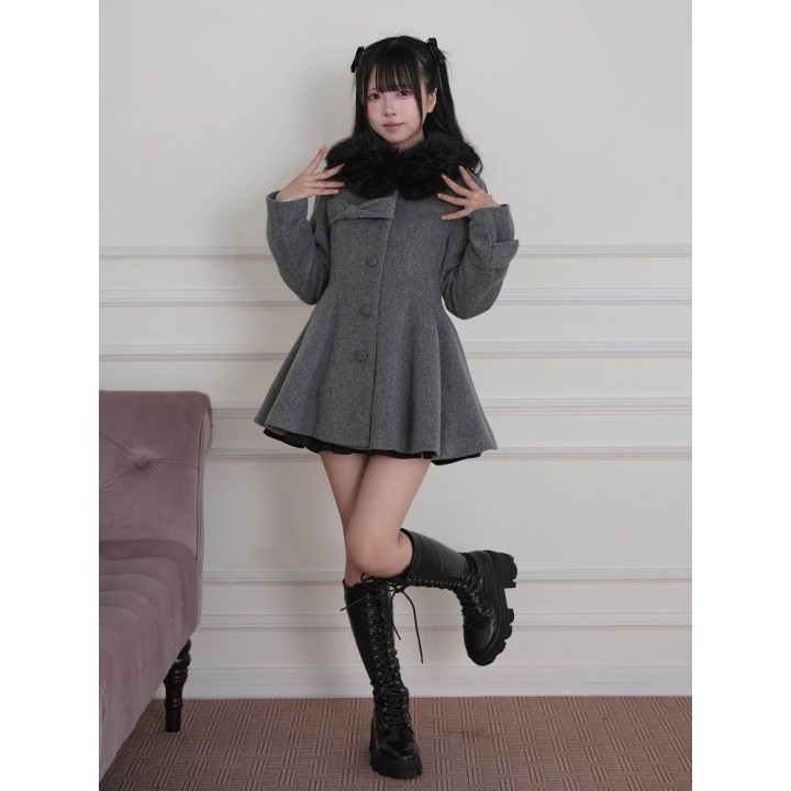 Manteau Ryousangata / Jirai Kei à col fourrure amovible et nœud – Gris