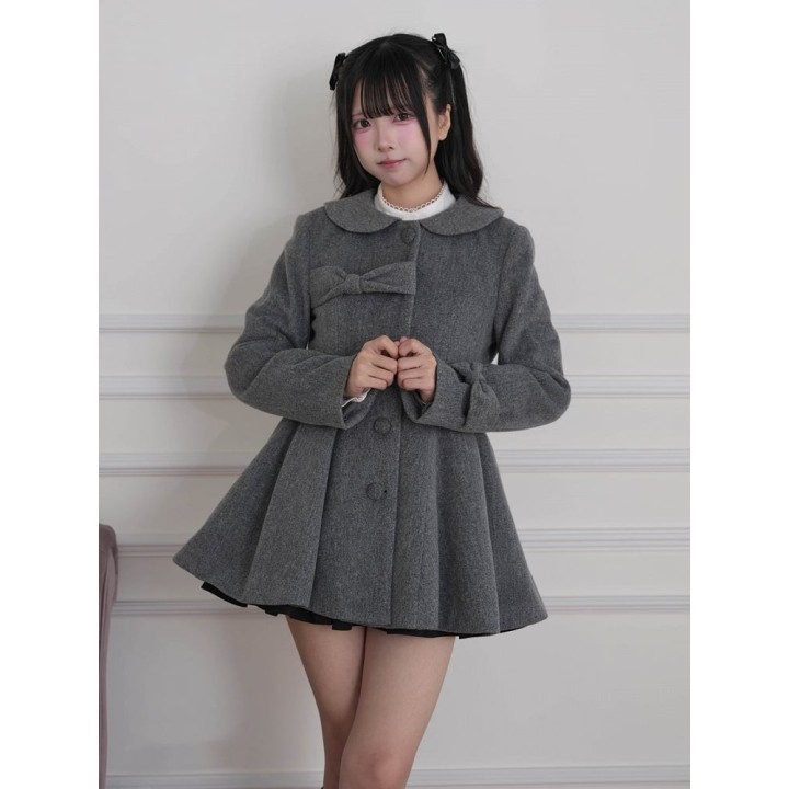 Manteau Ryousangata / Jirai Kei à col fourrure amovible et nœud – Gris