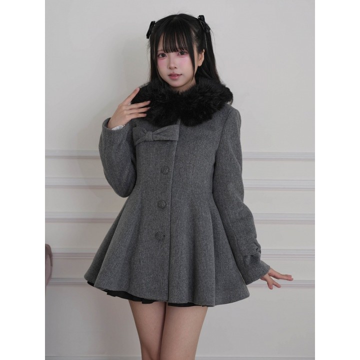 Manteau Ryousangata / Jirai Kei à col fourrure amovible et nœud – Gris