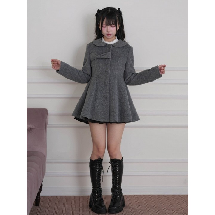 Manteau Ryousangata / Jirai Kei à col fourrure amovible et nœud – Gris