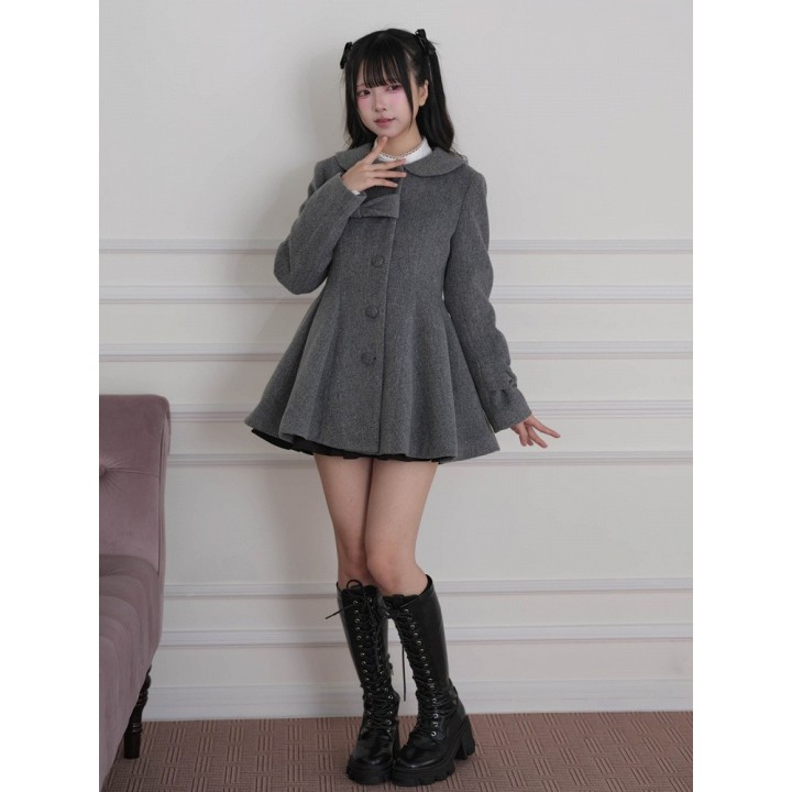 Manteau Ryousangata / Jirai Kei à col fourrure amovible et nœud – Gris