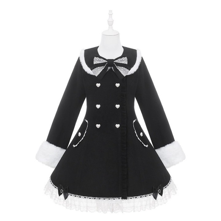 Manteau Ryousangata / Jirai Kei à col et poignets fourrés – Noir