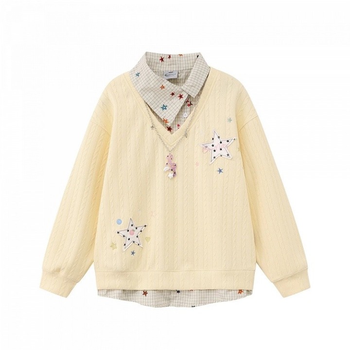 Pull effet deux pièces à étoiles et col asymétrique – Jaune