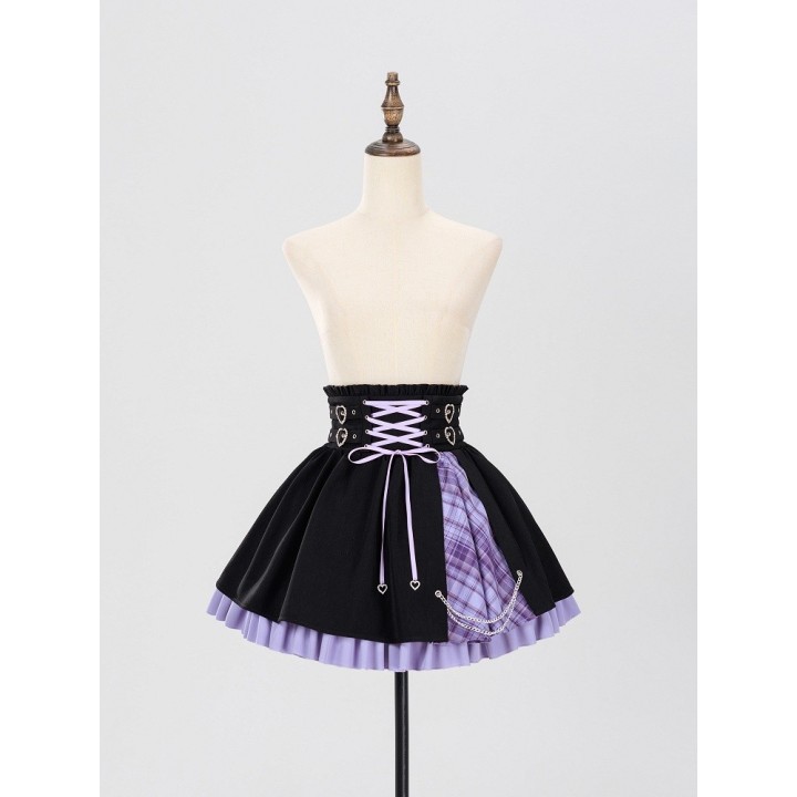 Jupe Jirai Kei tartan violet et noir à boucles cœur et chaîne