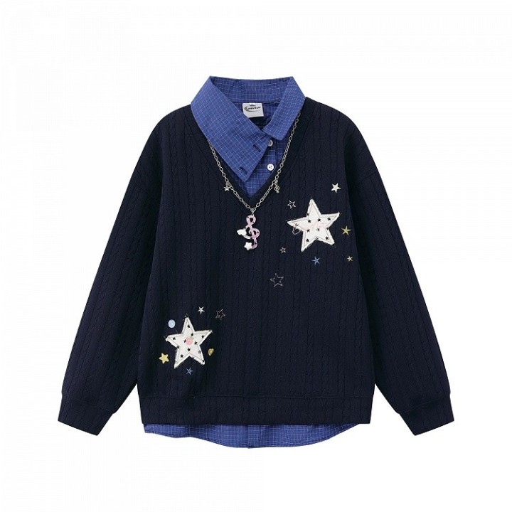 Pull effet deux pièces à étoiles et col asymétrique – Bleu