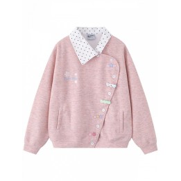Veste kawaii asymétrique à col pois et broderies – Rose