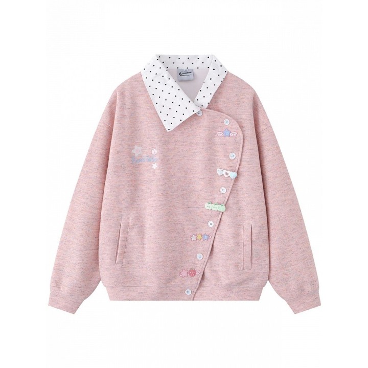 Veste kawaii asymétrique à col pois et broderies – Rose