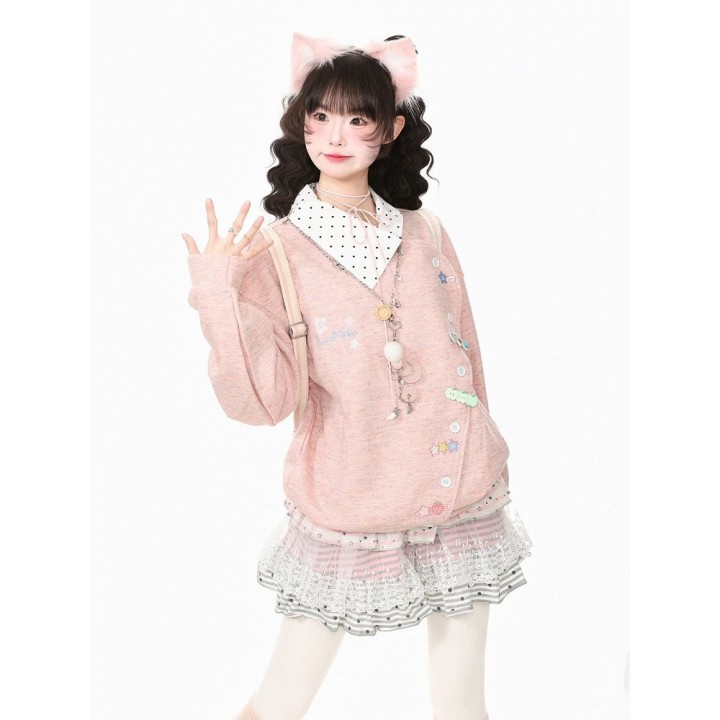 Veste kawaii asymétrique à col pois et broderies – Rose