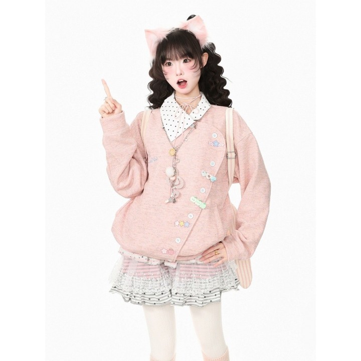 Veste kawaii asymétrique à col pois et broderies – Rose