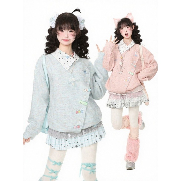 Veste kawaii asymétrique à col pois et broderies – Rose