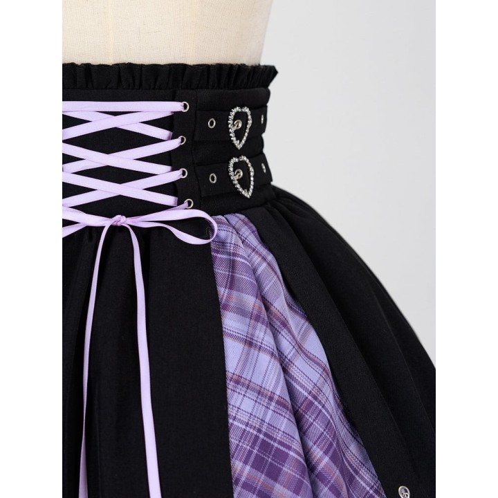Jupe Jirai Kei tartan violet et noir à boucles cœur et chaîne