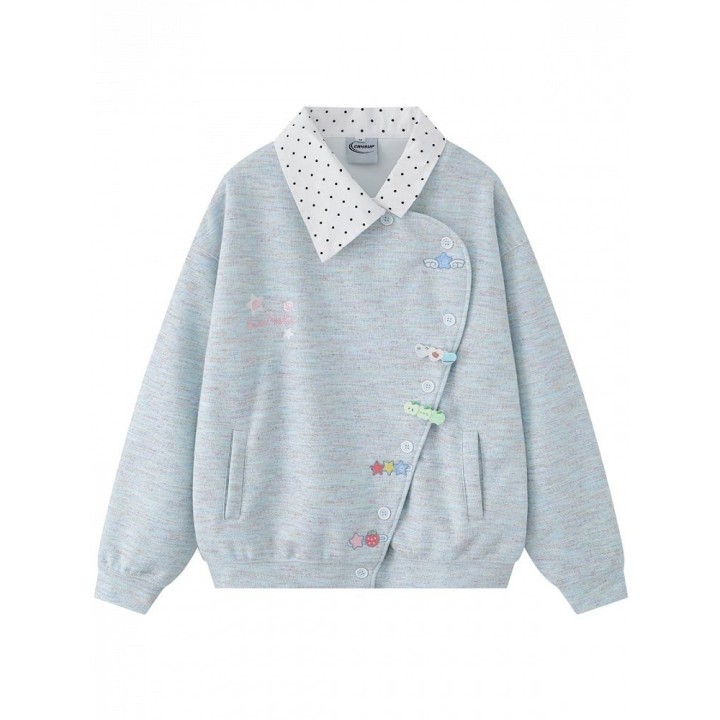 Veste kawaii asymétrique à col pois et broderies – Bleu