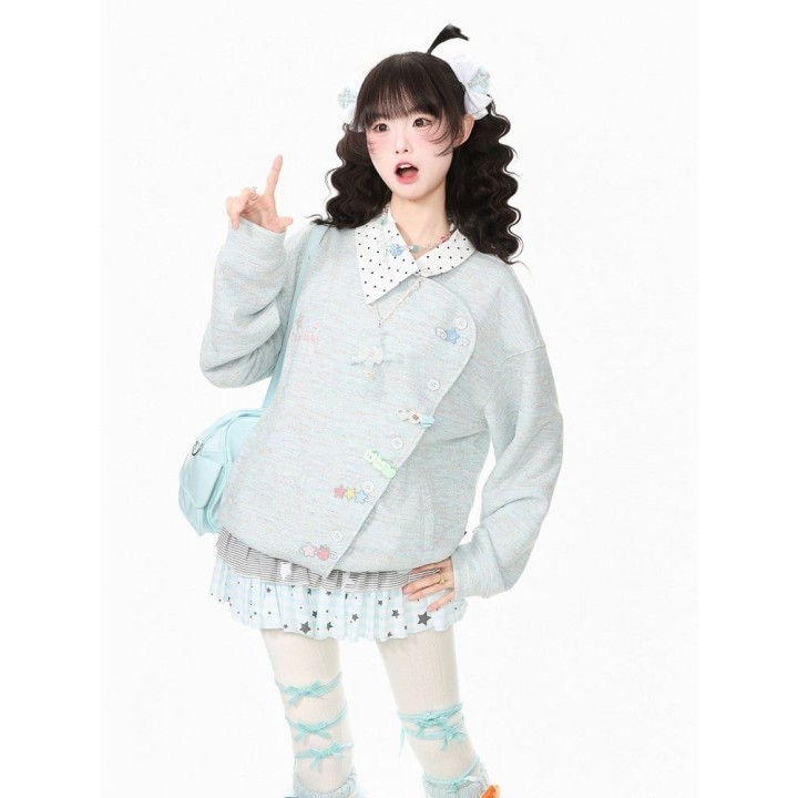 Veste kawaii asymétrique à col pois et broderies – Bleu