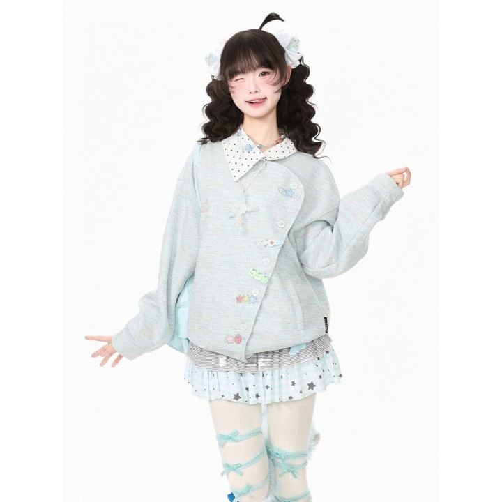 Veste kawaii asymétrique à col pois et broderies – Bleu