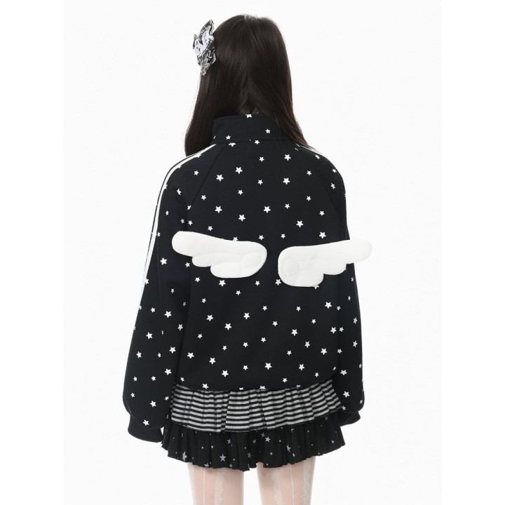 Veste col montant imprimé étoiles avec ailes au dos – Noir