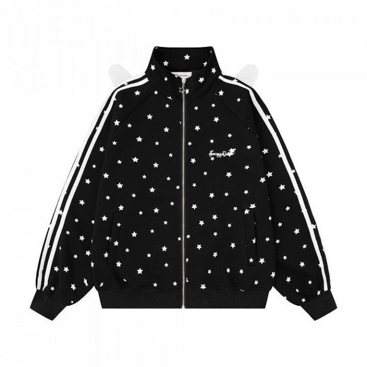 Veste col montant imprimé étoiles avec ailes au dos – Noir