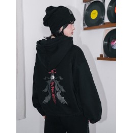 Sweat zippé doublé polaire noir à imprimé corbeau