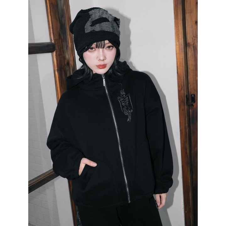 Sweat zippé doublé polaire noir à imprimé corbeau