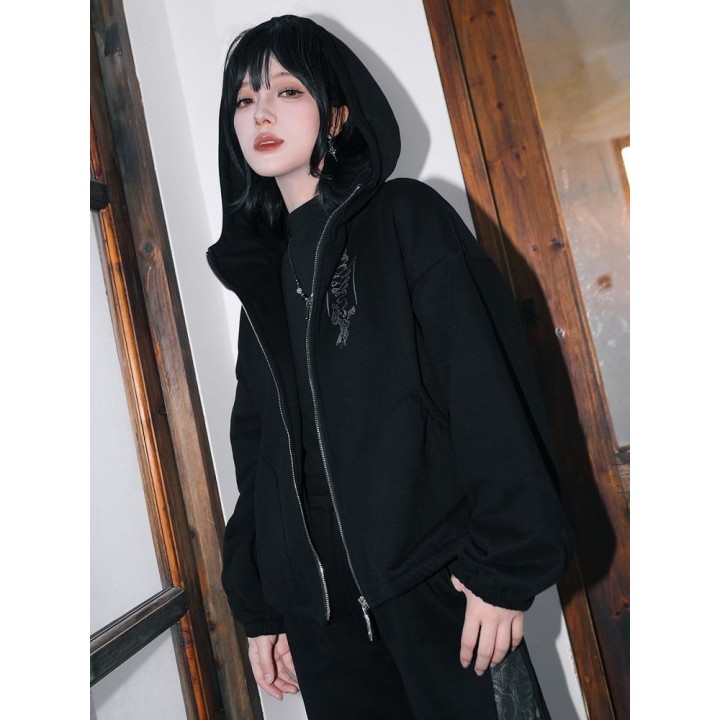 Sweat zippé doublé polaire noir à imprimé corbeau