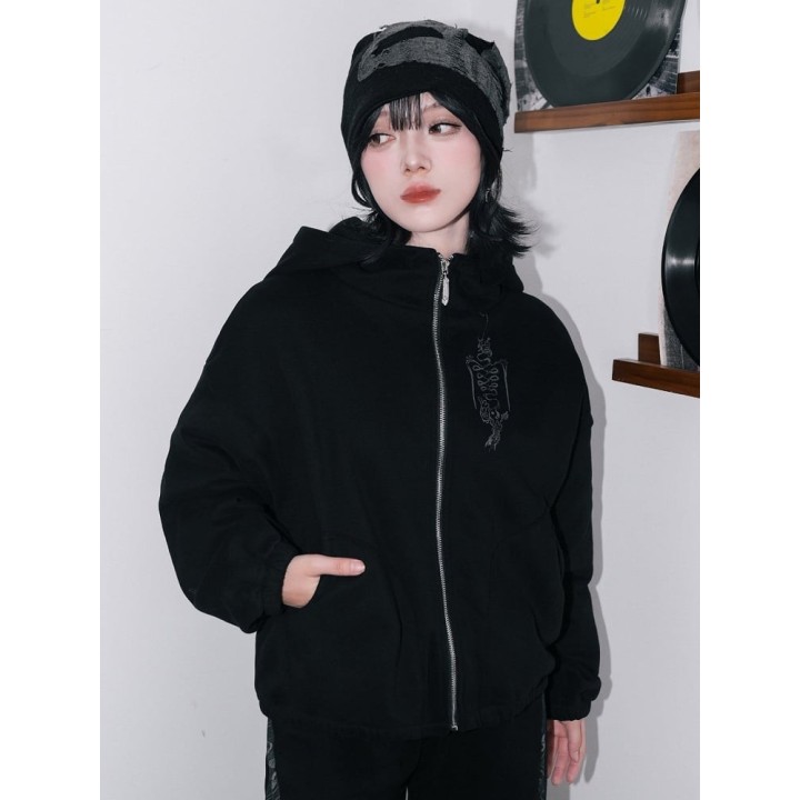 Sweat zippé doublé polaire noir à imprimé corbeau