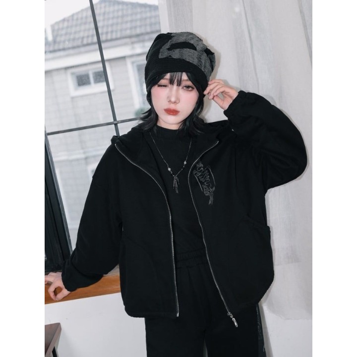 Sweat zippé doublé polaire noir à imprimé corbeau