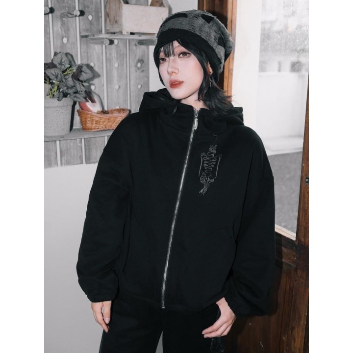 Sweat zippé doublé polaire noir à imprimé corbeau