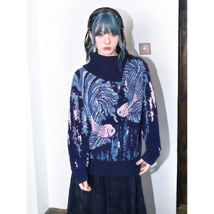 Pull col roulé bleu à motif poisson combattant et épaule fendue