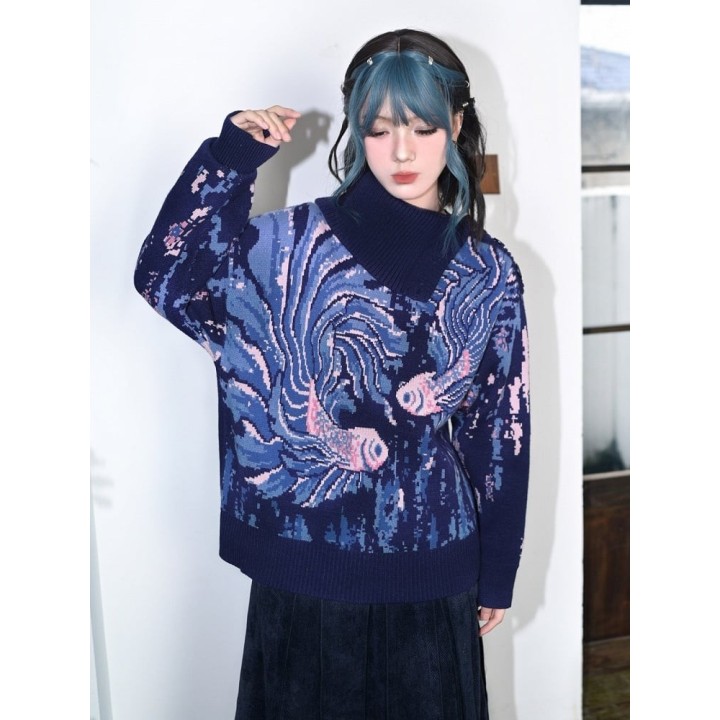 Pull col roulé bleu à motif poisson combattant et épaule fendue
