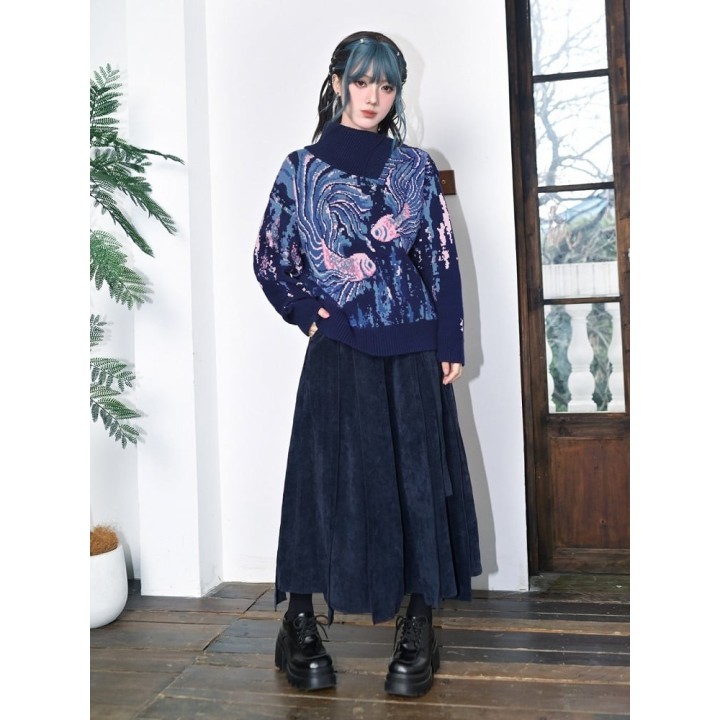 Pull col roulé bleu à motif poisson combattant et épaule fendue