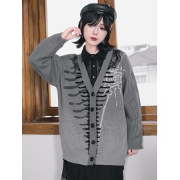 Gilet long gris à motif squelette de baleine
