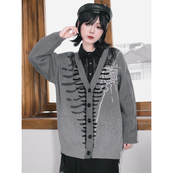 Gilet long gris à motif squelette de baleine