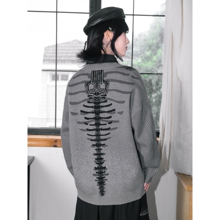 Gilet long gris à motif squelette de baleine