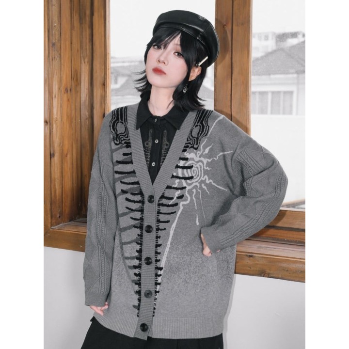 Gilet long gris à motif squelette de baleine