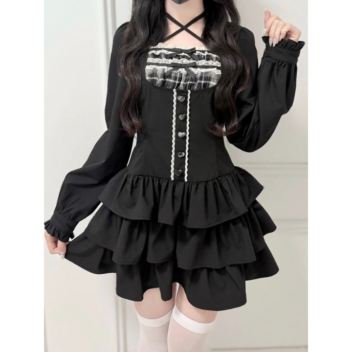Robe Jirai Kei col carré à volants étagés et manches longues – Noir