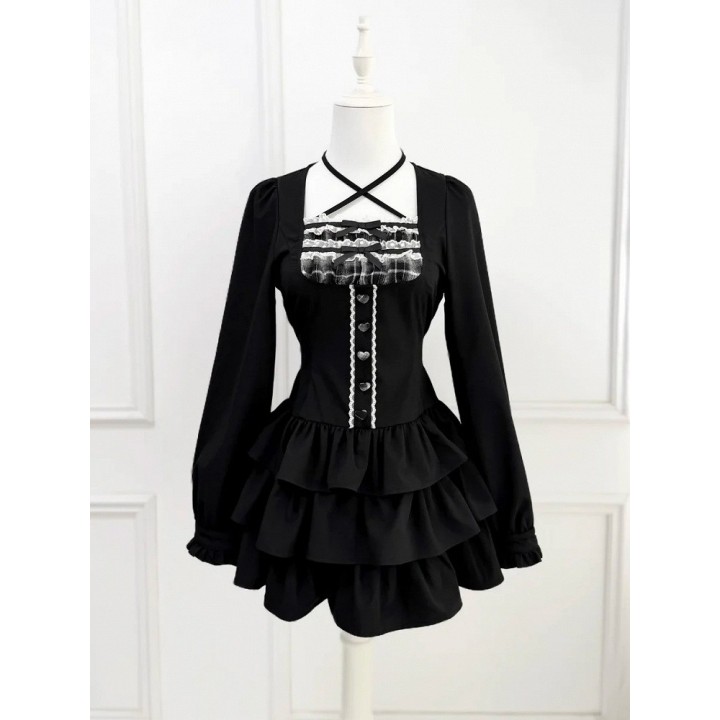 Robe Jirai Kei col carré à volants étagés et manches longues – Noir