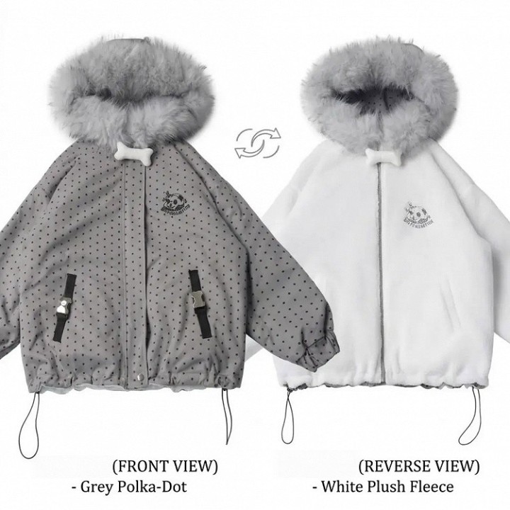 Veste polaire réversible à pois avec capuche et col fourrure