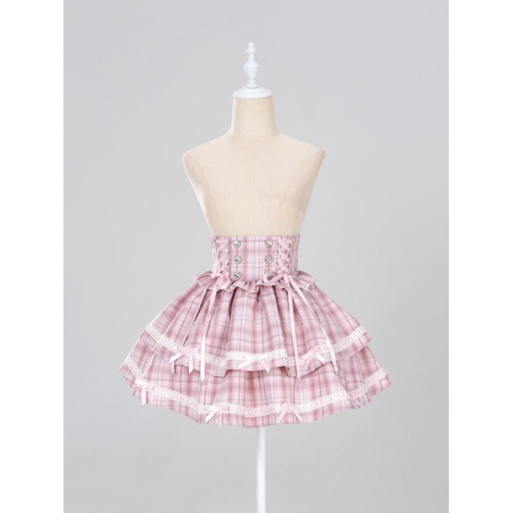 Jupe Jirai Kei tartan rose à strass cœur et petits nœuds