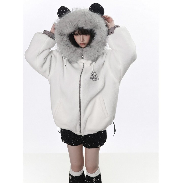 Veste polaire réversible à pois avec capuche et col fourrure
