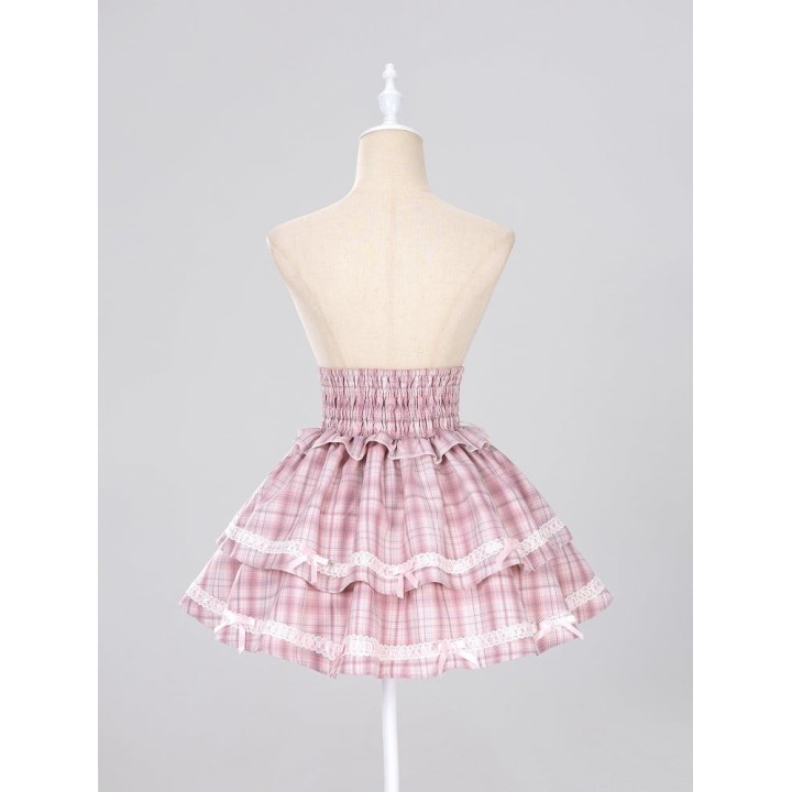 Jupe Jirai Kei tartan rose à strass cœur et petits nœuds