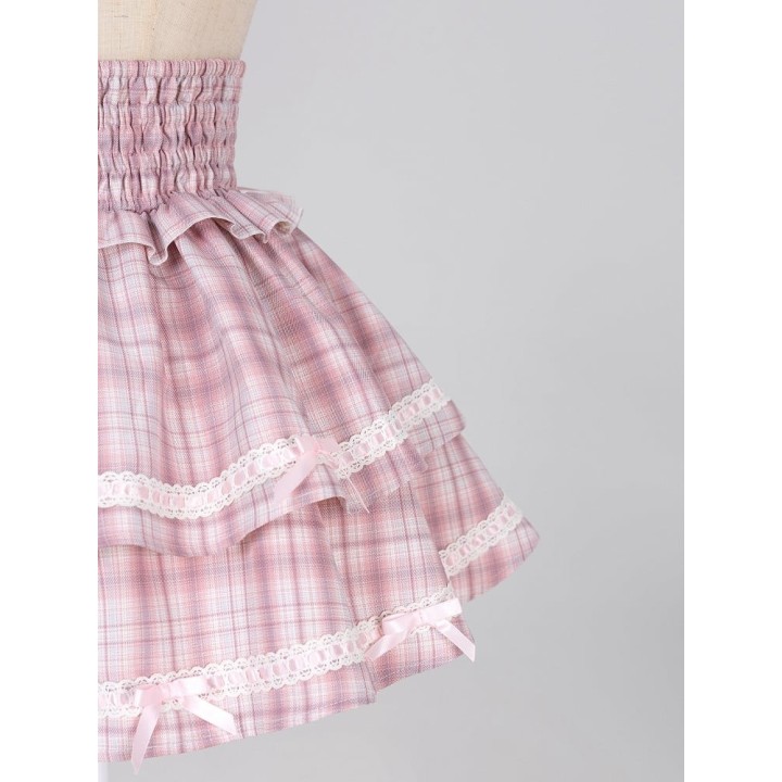 Jupe Jirai Kei tartan rose à strass cœur et petits nœuds