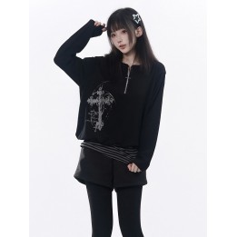 Haut noir imprimé croix à ourlet rayé et zip