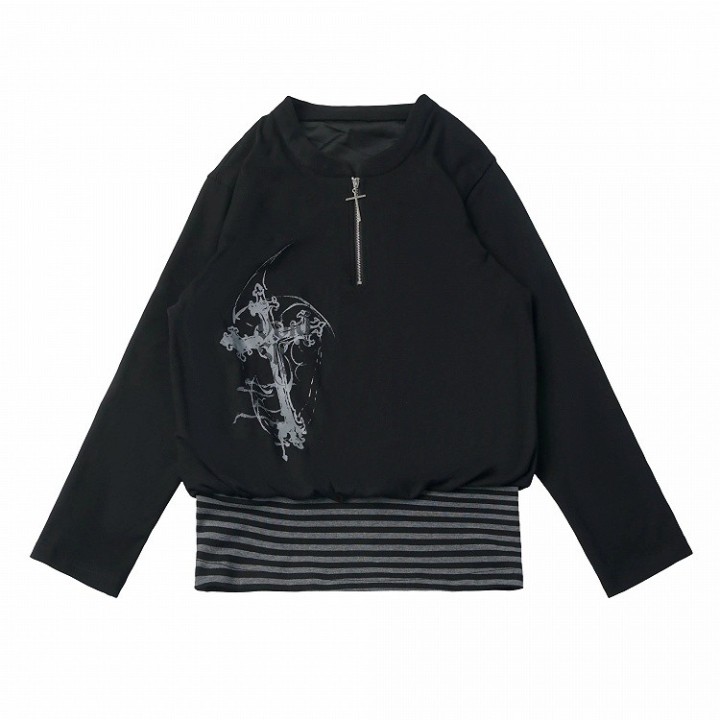 Haut noir imprimé croix à ourlet rayé et zip
