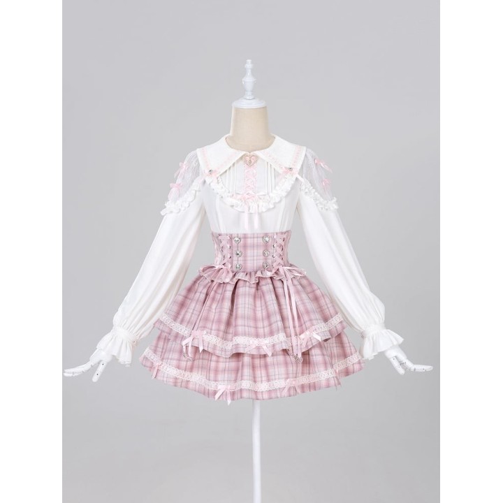 Jupe Jirai Kei tartan rose à strass cœur et petits nœuds