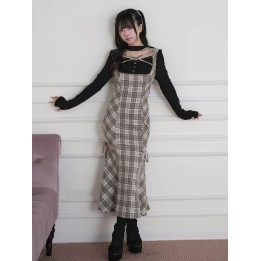 Robe longue à carreaux effet deux pièces à découpes – Marron