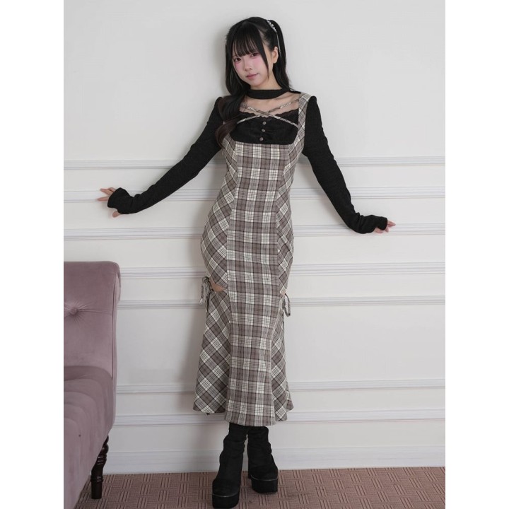 Robe longue à carreaux effet deux pièces à découpes – Marron