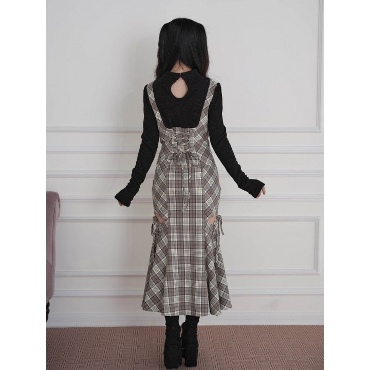 Robe longue à carreaux effet deux pièces à découpes – Marron