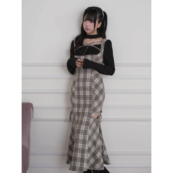 Robe longue à carreaux effet deux pièces à découpes – Marron