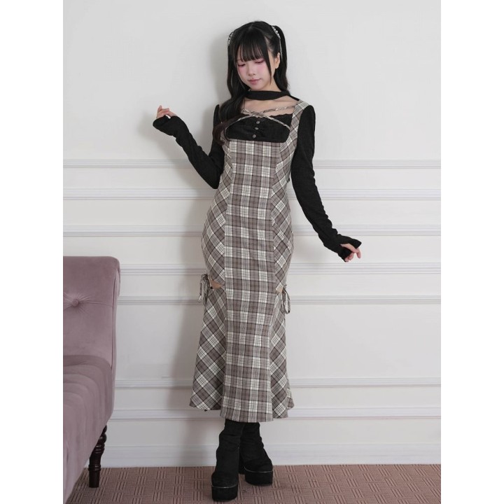 Robe longue à carreaux effet deux pièces à découpes – Marron